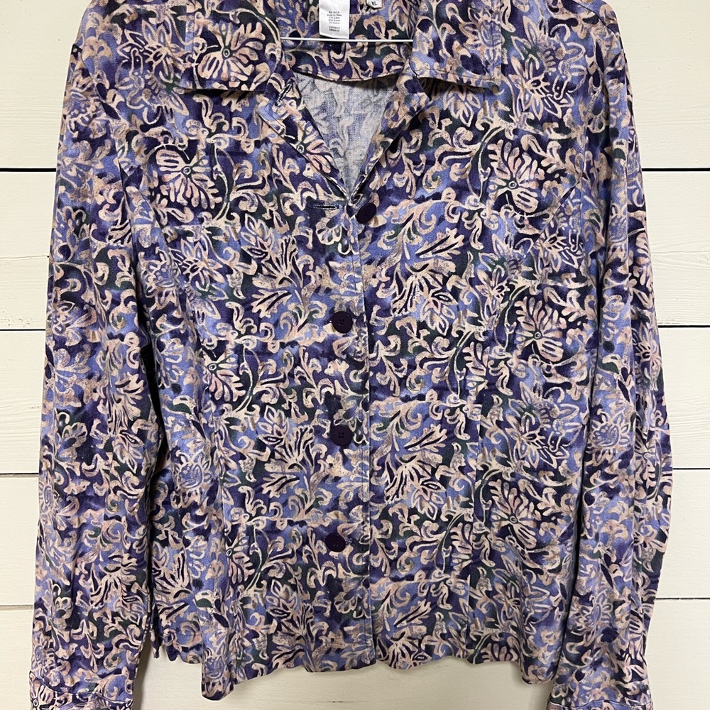 Coldwater Creek Purple and Black Notched Collar Button Down Shirt